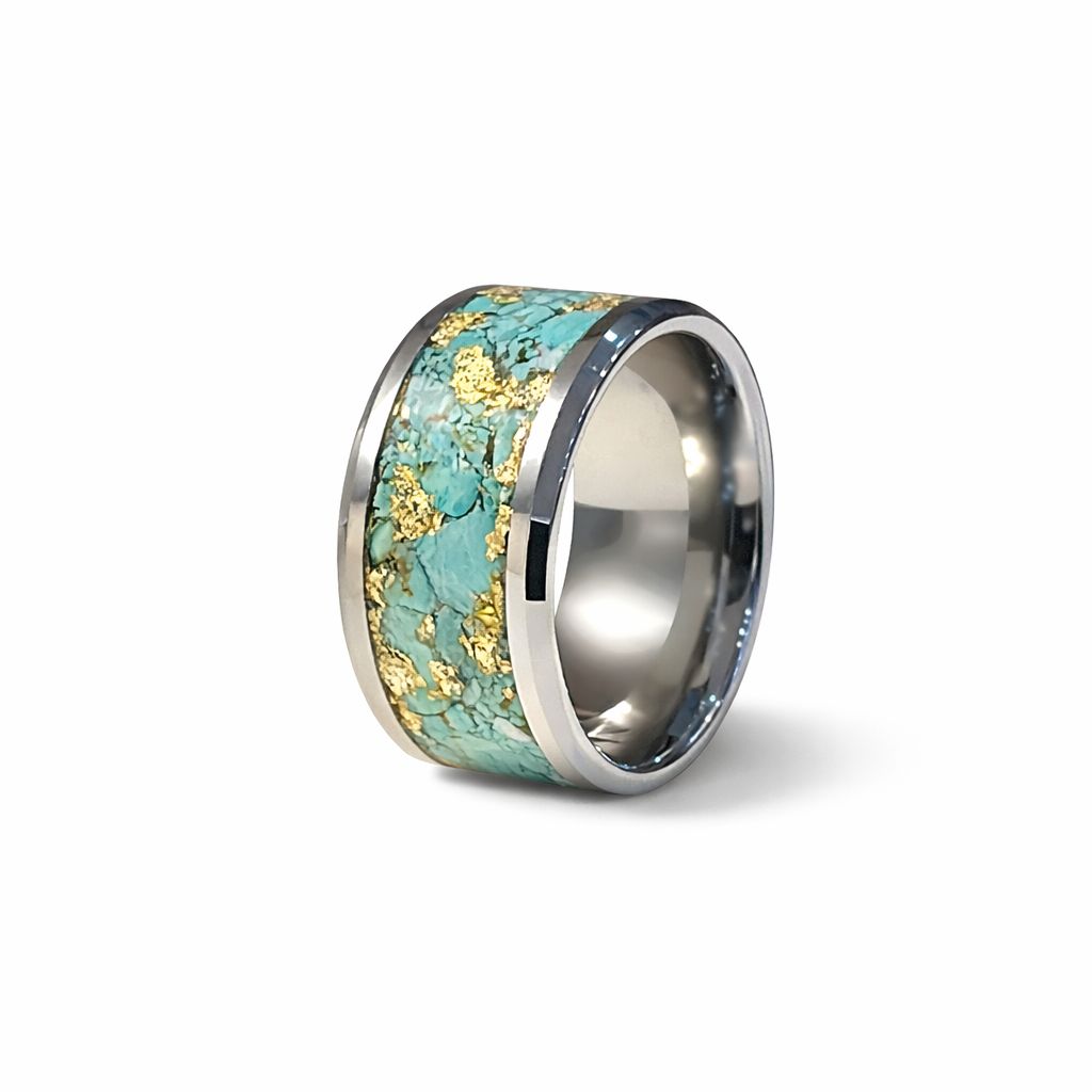 Turquoise Rush Tungsten Ring – 12mm Gold Leaf Inlay