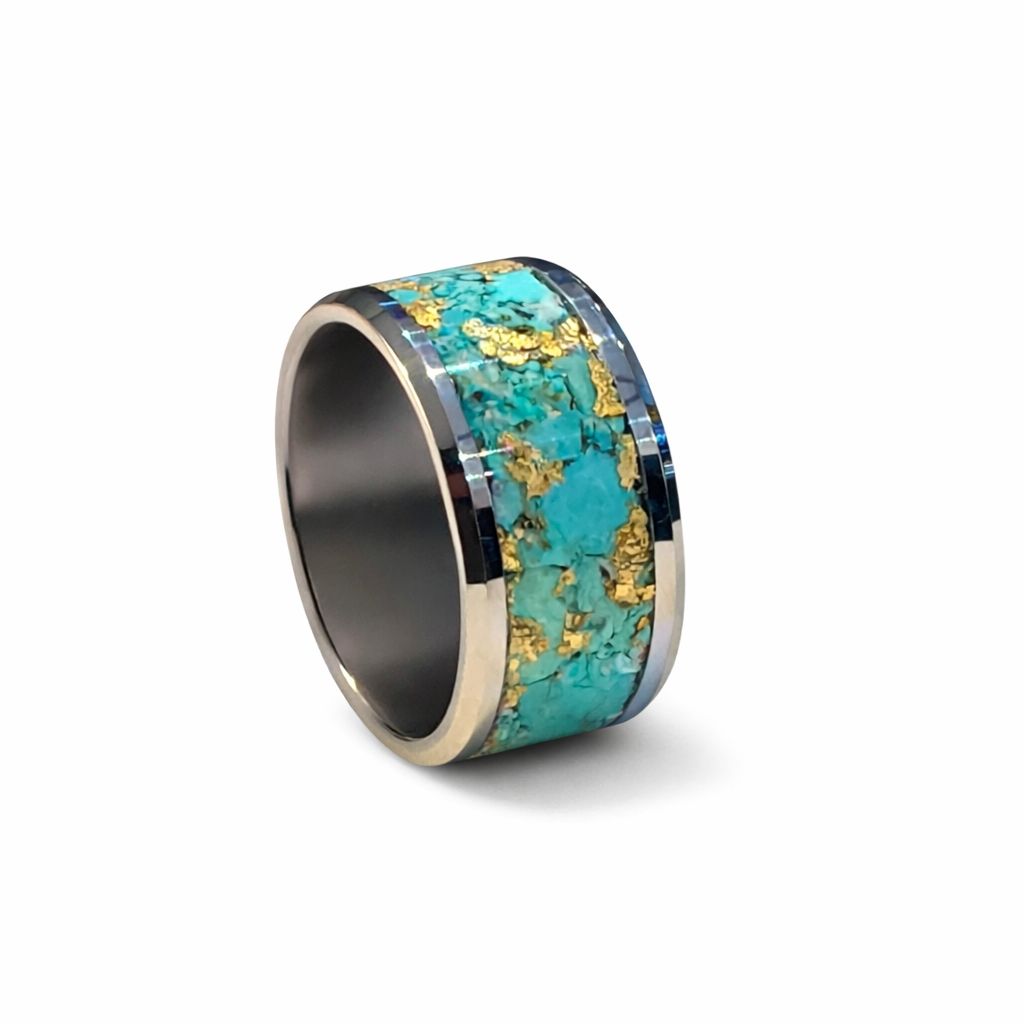 Turquoise Rush Tungsten Ring – 12mm Gold Leaf Inlay