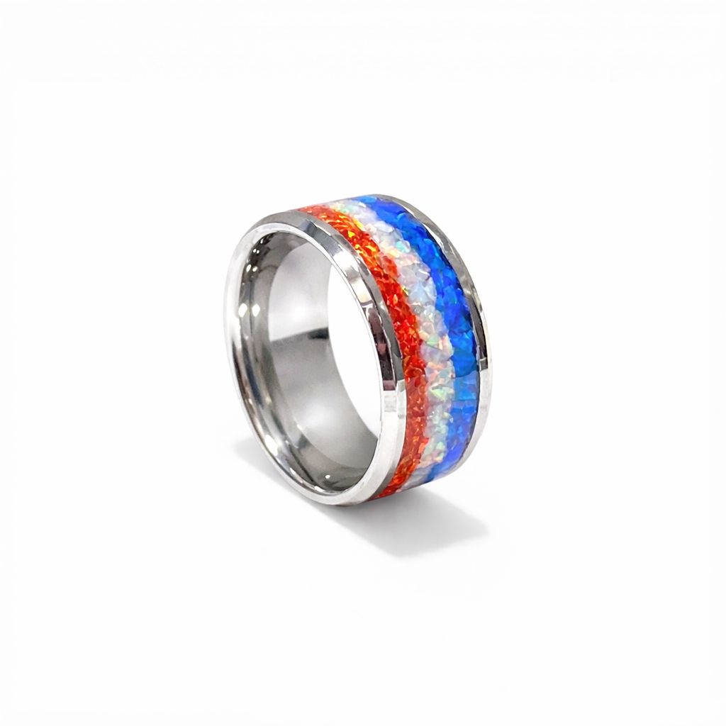Freedom Crest – 12mm Tungsten Ring with Red White Blue Bello Opal &amp; Glow Inlay