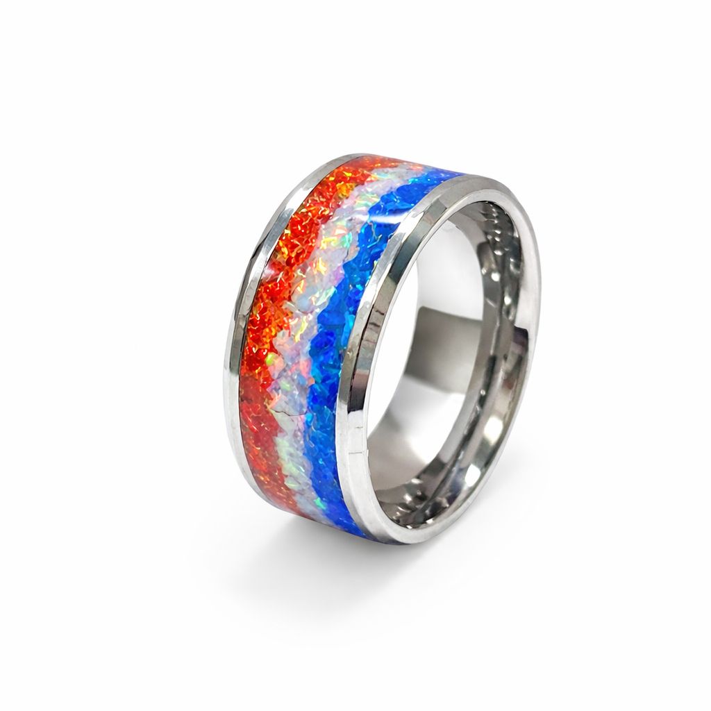Freedom Crest – 12mm Tungsten Ring with Red White Blue Bello Opal &amp; Glow Inlay