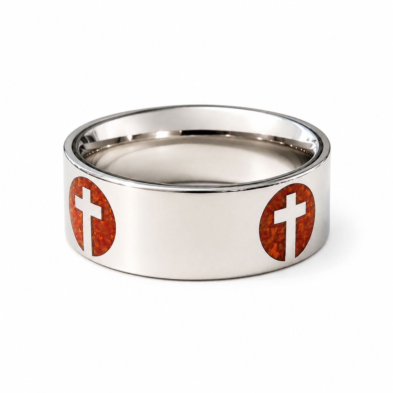 Covenant Flame – 8mm Stainless Steel Cross Ring with Red Bello Opal