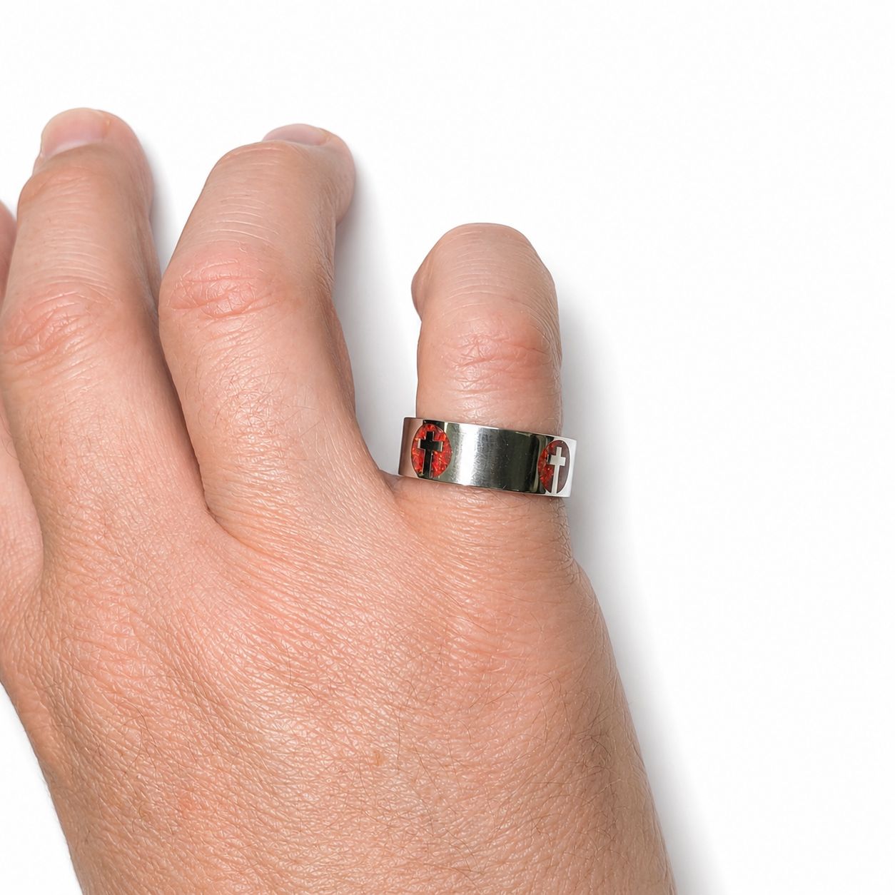 Covenant Flame – 8mm Stainless Steel Cross Ring with Red Bello Opal