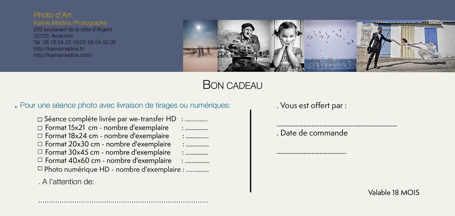 BON CADEAU 58€/Séance photo + 3 options de livraison photos