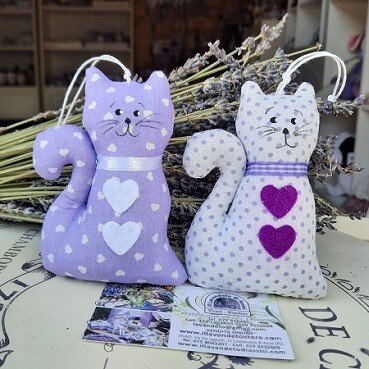 Gatto lavanda, gatto in stoffa imbottito di lavanda in fantasia di lilla