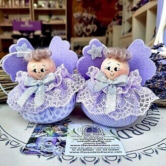 Angelo in tessuto,  angelo pieno di lavanda, dettagli argento.