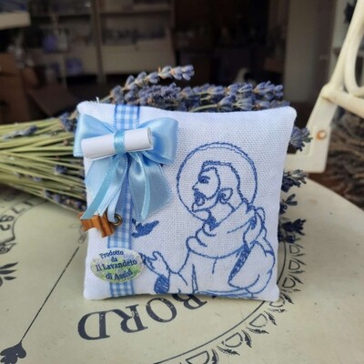 Cuscino S. Francesco toni azzurri, pieno di fiori di lavanda