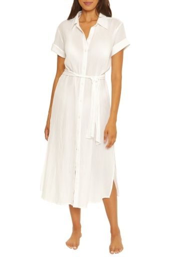 BEC6060371 Gauzy Shirt Dress Beach Cover Up, Color: White, Size: Small