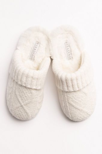PJSRKCKSL Cable Knit Slide Slippers, Color: Ivory, Size: Large9/10