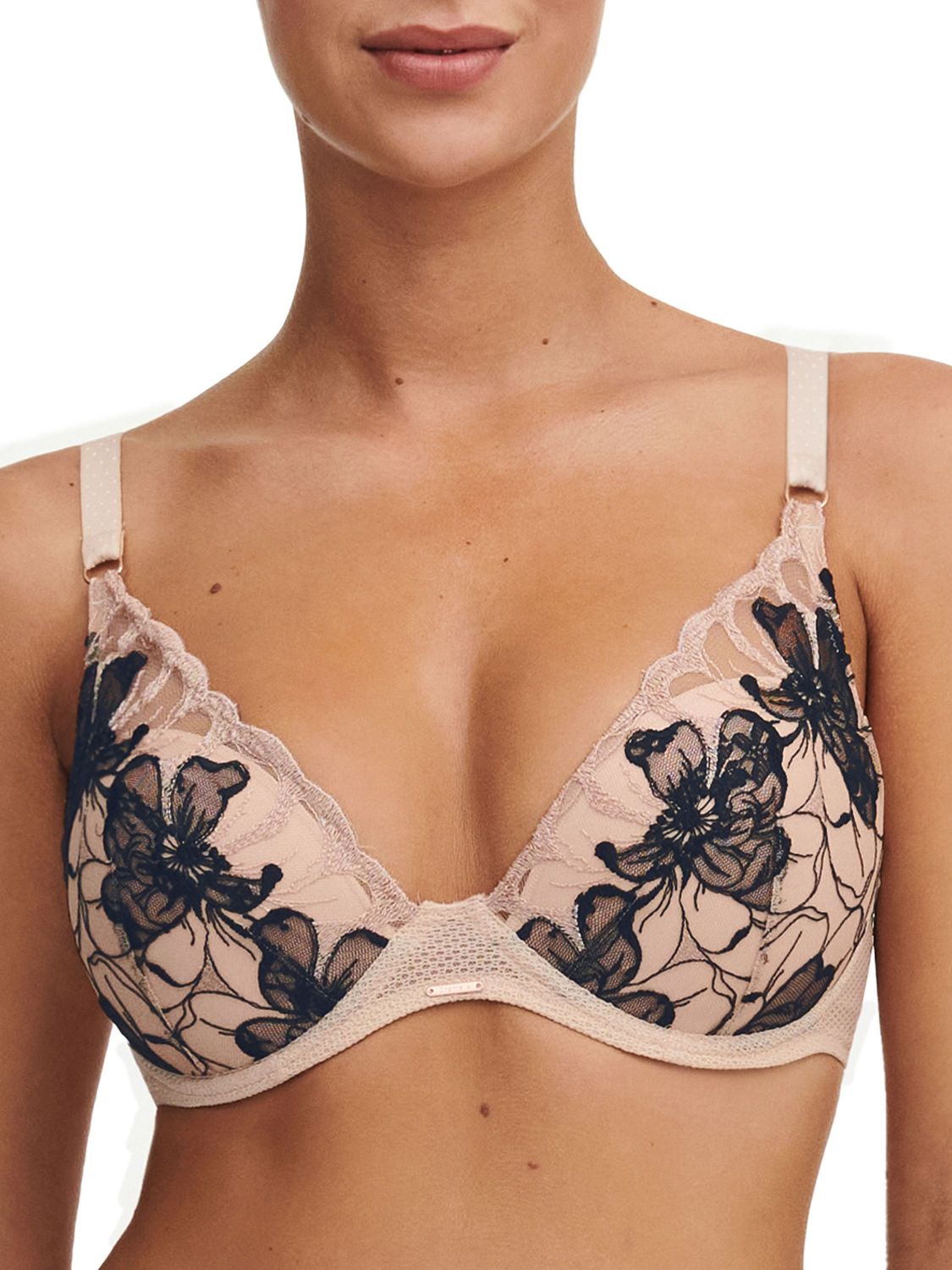 CHL12Q2 Fleurs Signature Lace Plunge Contour Bra, Size: 30F, Color: NudeBlushBlack