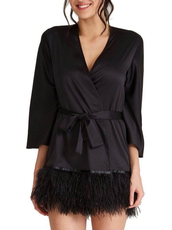 RYA394 Swan Feather Hem Cover Up, Color: Black, Size: XSmall/Small