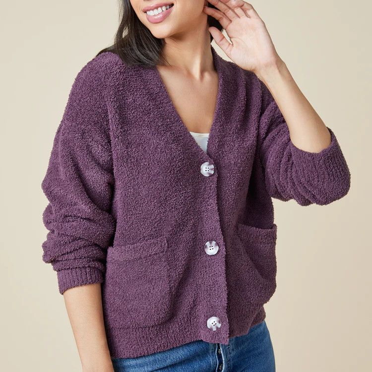 SOFT68000 Solid Marshmallow Crop Cardigan, Color: Fig, Size: XLarge