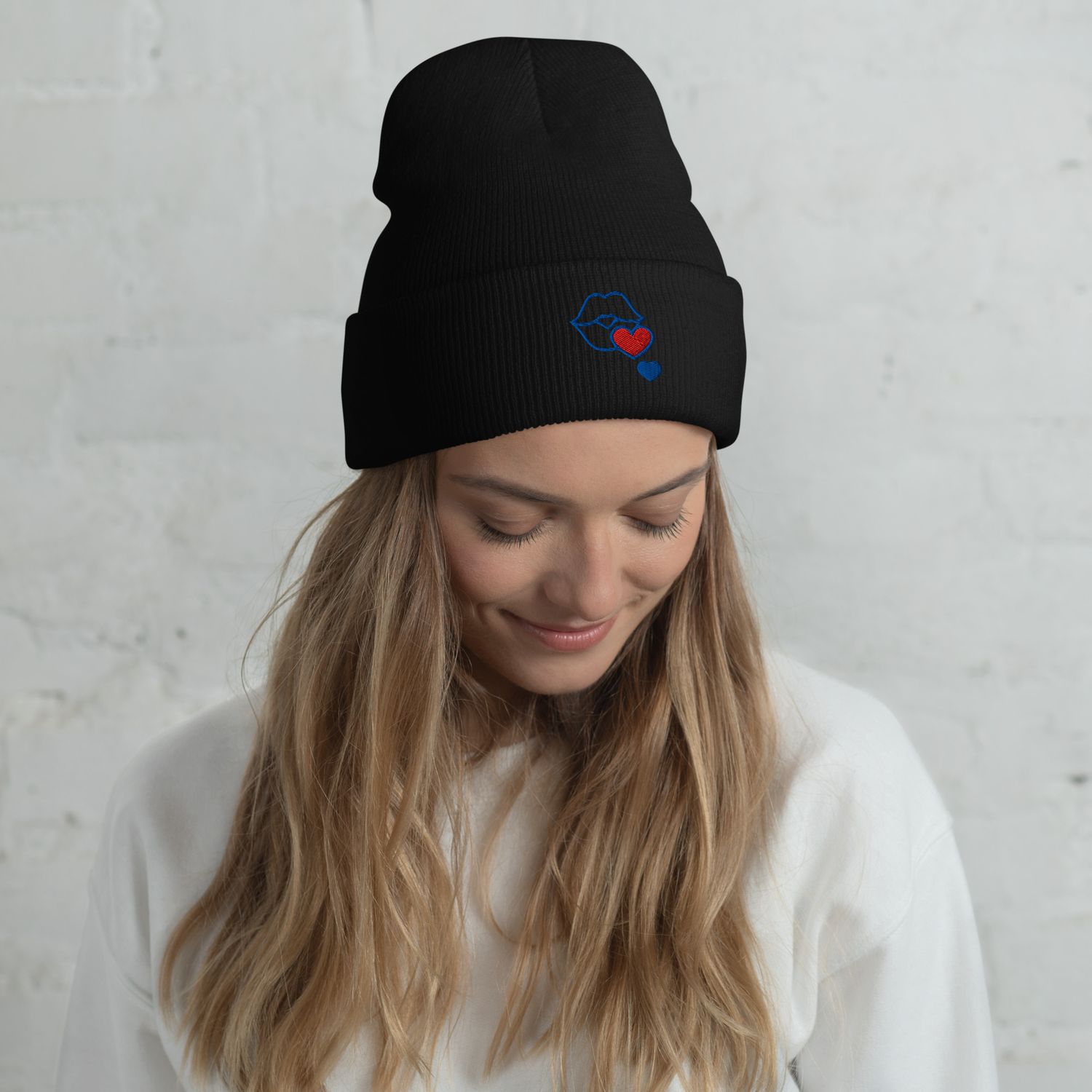 Cuffed Lips and Hearts Beanie Hat
