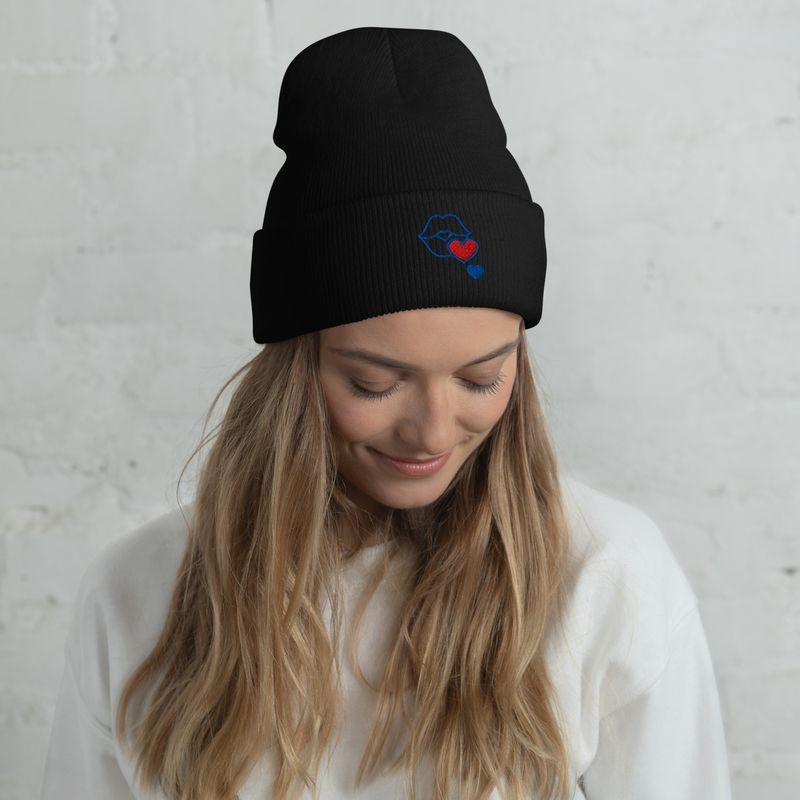 Cuffed Lips and Hearts Beanie Hat