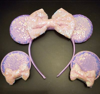 Pink and Purple Mini Me Ears Headband and Matching Clips