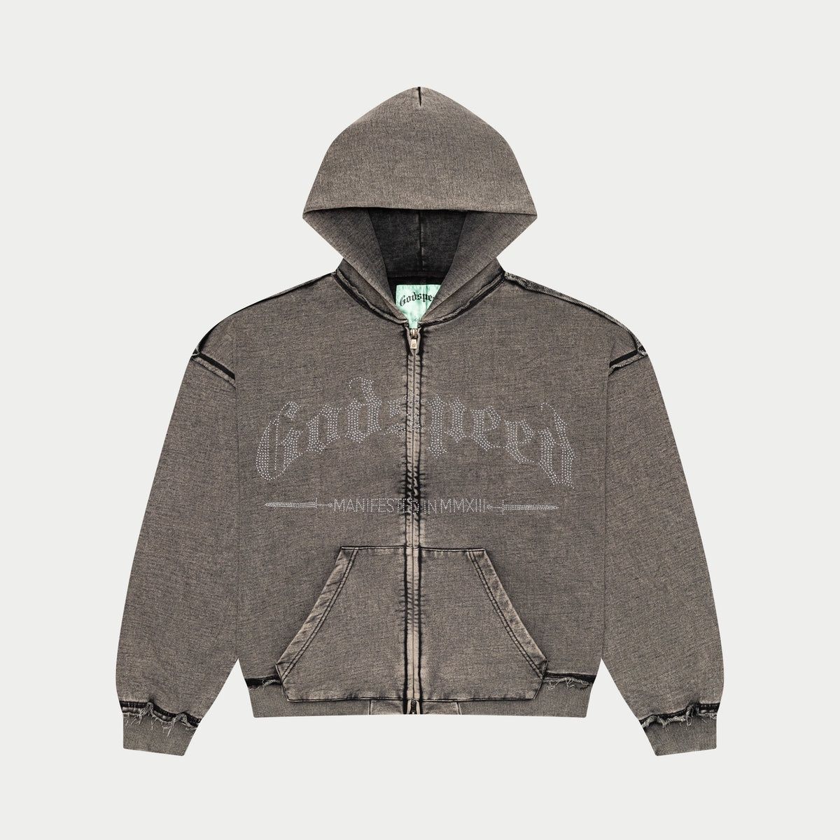 GODSPEED Studded OG Logo Double Zip Hoodie, Colour: WASHED GREY, Size: S