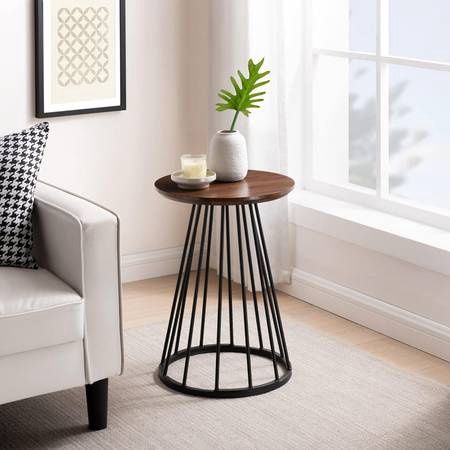 Walker Edison Vivv Modern Round Metal-Base Side Table, 16 Inch, Dark Walnut