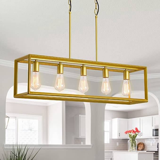 HOXIYA Farmhouse Chandeliers Rectangle 5-Light Kitchen Island Pendant Lighting, Kitchen Island Cage Pendant Lights Contemporary