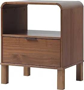 Walker Edison Modern Curved-Top Solid Wood 1-Drawer Nightstand with Open Cubby, 24 Inch, Brown