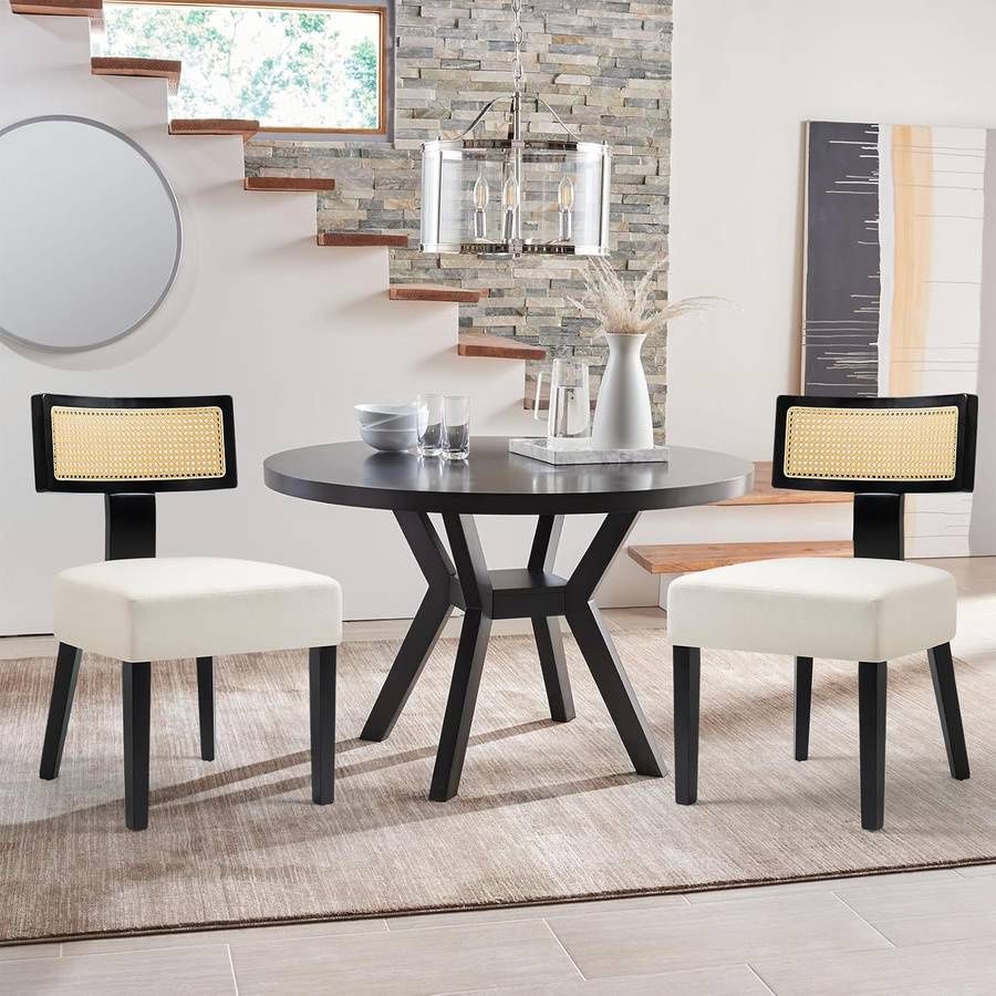 Upholstered Rattan Dining Chairs Set of 2, Mid-Century Modern Fabric Dining Room Chairs with Black Hardwood Frame, Curved Backr