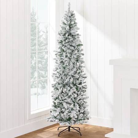 SKY6930 12&#39; Snow Flocked Artificial Pencil Christmas Tree w/ Stand