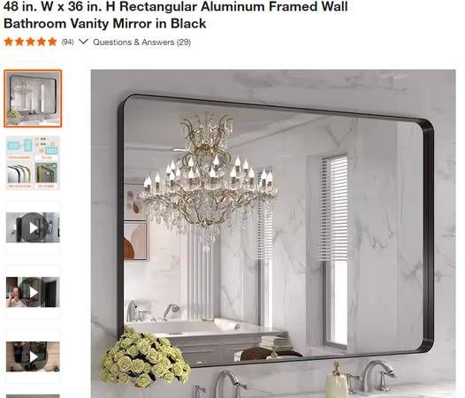 48 in. W x 36 in. H Rectangular Aluminum Framed Wall Mirror in Black