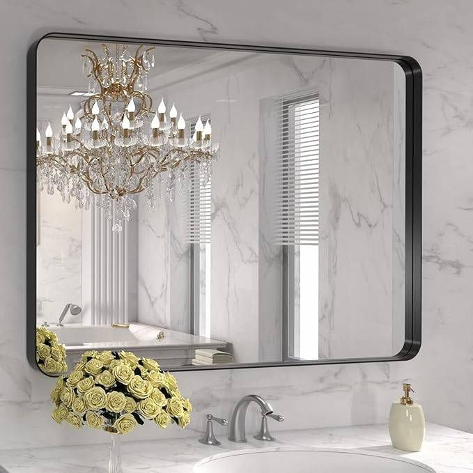 40X32 Inch Black Metal Framed Bathroom Mirror for Wall, Matte Black