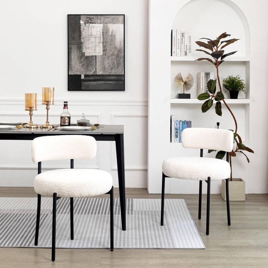 White Dining Chairs Set of 2, Mid-Century Modern Boucle Dining Room