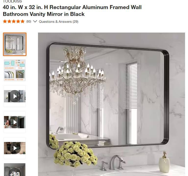 40 in. W x 32 in. H Rectangular Aluminum Framed Mirror in Black
