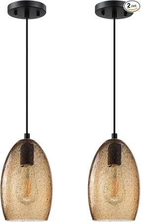 2 Pack 1 Light Hanging Indoor Kitchen Island 5.3&quot; Black Seeded Ancient
