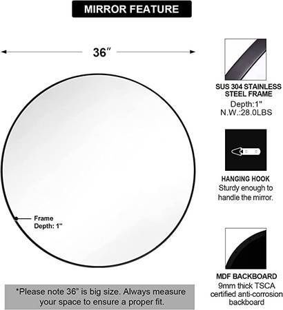 ANDY STAR 36&quot; Black Round Mirror, Large Round Bathroom Mirror,