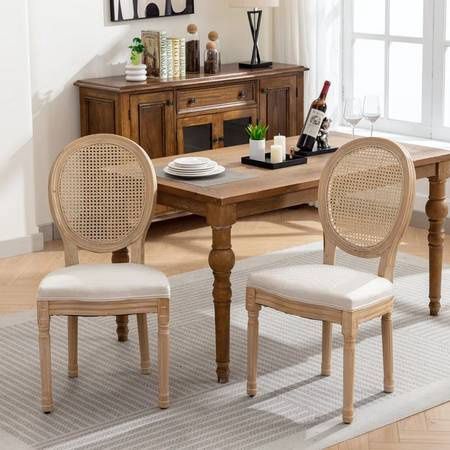 Solid Wood Frame Antique Painting Linen Fabric Rattan Back Dining Chair,Set Of 2