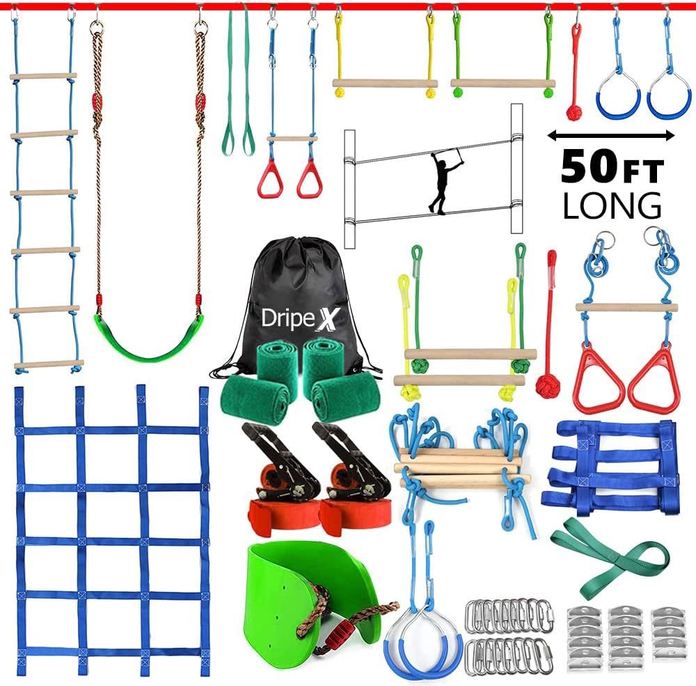 Ninja Warrior Obstacle Course for Kids Backyard - 2×50ft Slackline Kit with 10 Most Complete Accessories for Boys &amp; Girls, Swing, Rope Ladder, Gymnastic Ring, Climbing Net, Arm Trainer and Monkey Fist