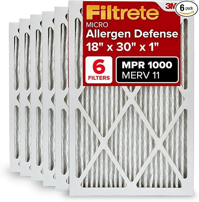 Filtrete 18x30x1 AC Furnace Air Filter, MERV 11, MPR 1000, Micro Allergen Defense, 3-Month Pleated 1-Inch Electrostatic Air Cleaning Filter, 6 Pack