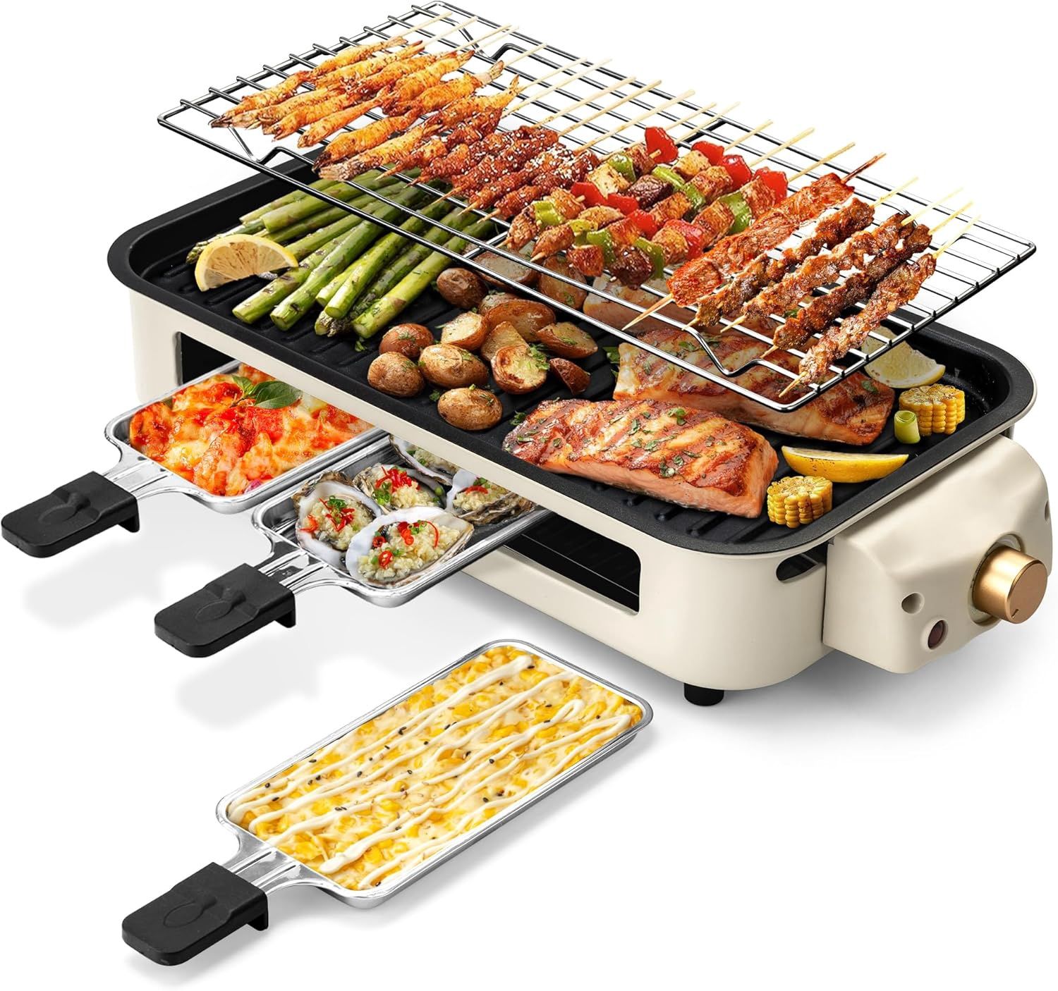 Pukomc Electric Indoor Grill,2 in 1 Indoor Grills for Kitchen with Grill Net &amp; Non-Stick Cooking Removable Plate, Temperature Control, Dishwasher Safe, 1500W Smokeless Grill