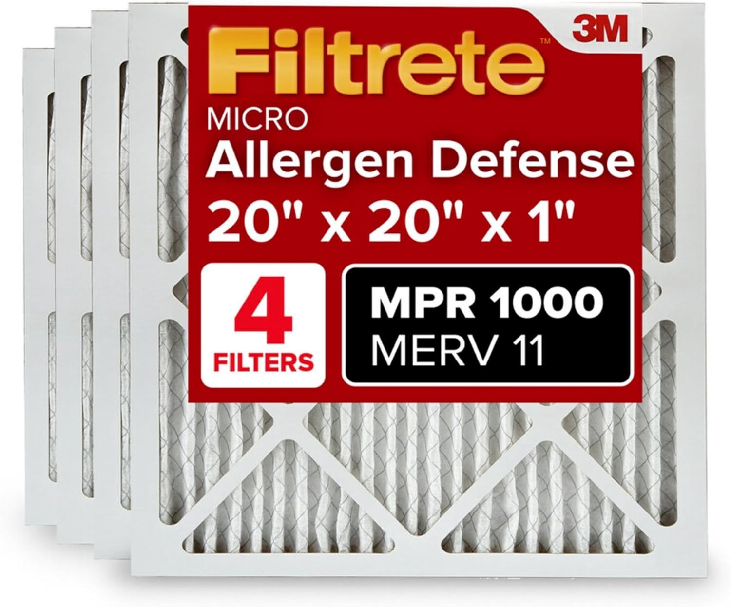 Filtrete 20x20x1 AC Furnace Air Filter, MERV 11, MPR 1000, Micro Allergen Defense, 3-Month Pleated 1-Inch Electrostatic Air Cleaning Filter, 4 Pack