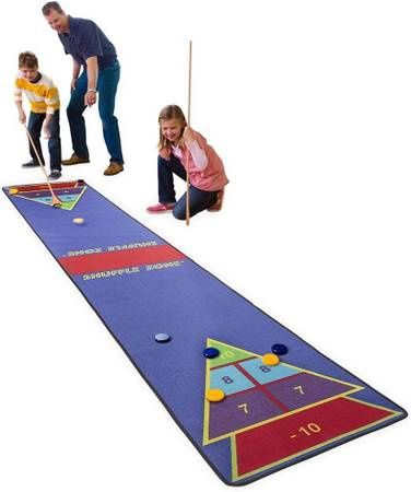 Shuffle Zone Play Carpet, Indoor Outdoor Shuffleboard Game for Kids, 2 Wooden Cues, 10 Wooden Pucks, Fun Strategy Game, 2.25&#39;W