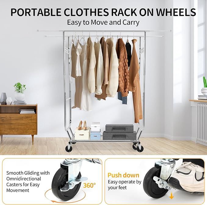 Rolling Clothing Racks for Hanging Clothes, Heavy Duty Clothing Garment