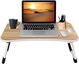 Folding Laptop Desk for Bed and Sofa - Portable Wide Surface Bed Desk with Built-in Cup Holder (Wood)