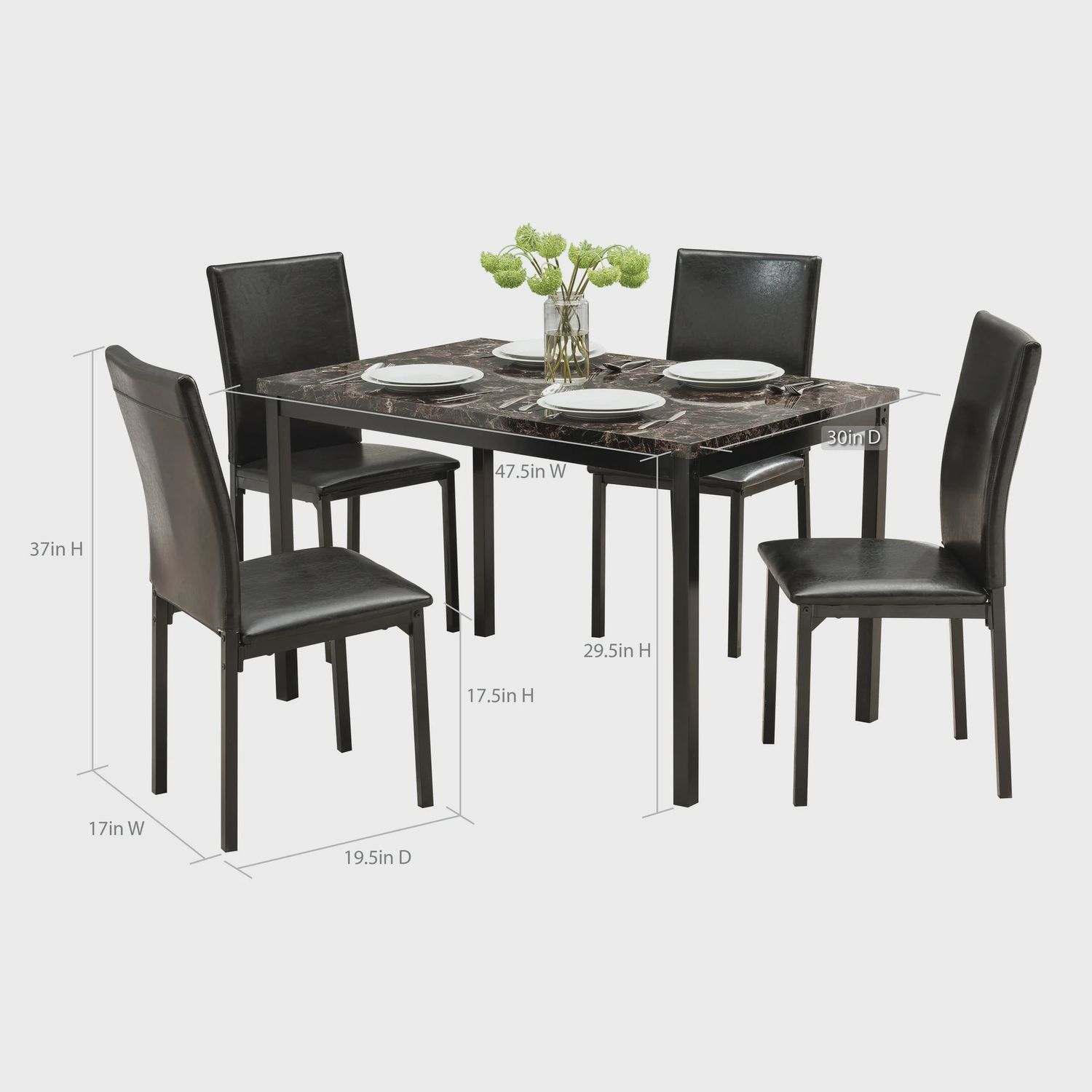 Mainstays 5 Piece Faux Marble Dining Table and 4 PU Chairs Set, Black Color, Set of 5 for Kitchen