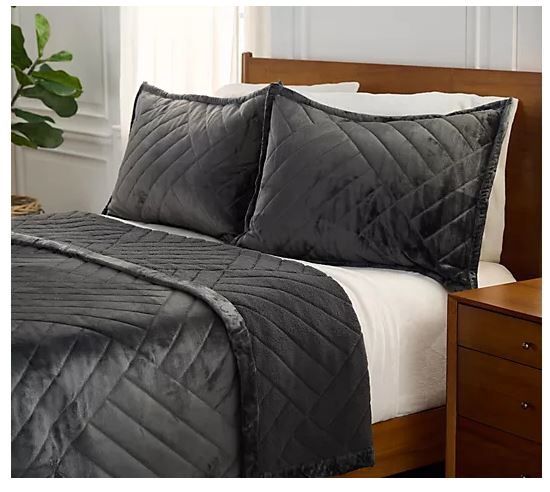 Berkshire Ultrasonic Velvetsoft Reverse Sherpa Coverlet Set-KG grey