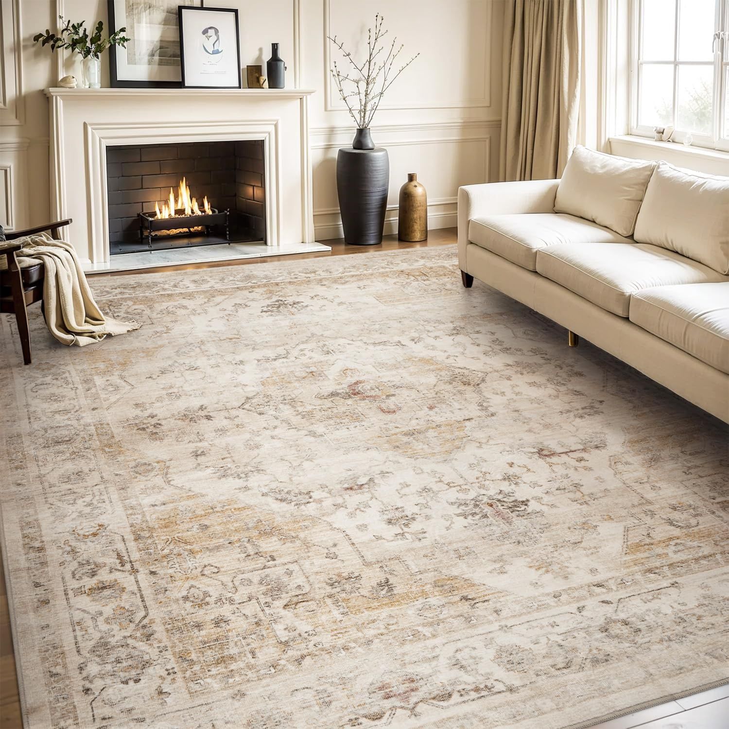 AMOAMI-Area Rug 8X10 Rugs for Living Room-Vintage Soft Beige Rugs for Bedroom-Non Slip Carpet-Washable Rug for Dining Room Living Room Bedroom Office Under Table