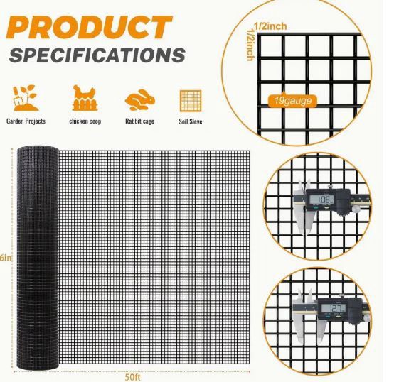 Black Vinyl-Coated Hardware Cloth - 4ft tall by 50ft long, 1/2&quot; Square Mesh