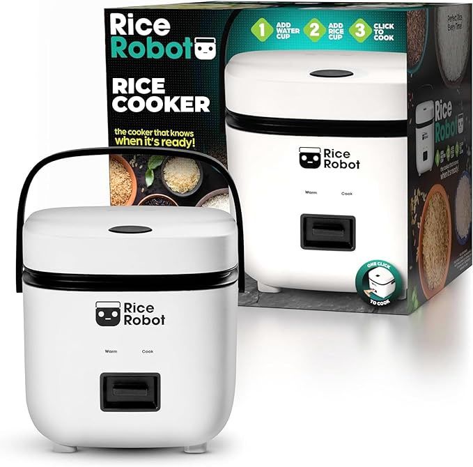 Rice Robot Personal Rice Cooker, PFAS-free, Nonstick. 1 Quart Capacity, with Stainless Steel Steamer Tray, Measuring Cups