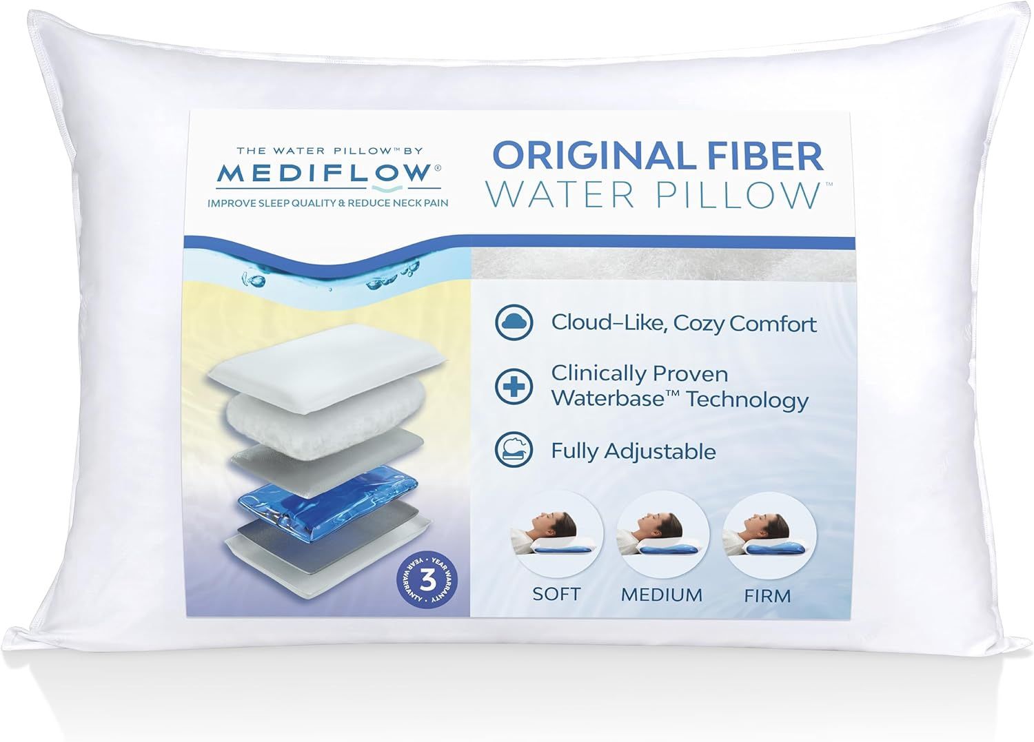 Mediflow Fiber: The First &amp; Original Water Pillow, clinically Proven to Reduce Neck Pain &amp; Improve Sleep. Therapeutic,
