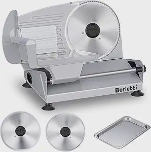 Meat Slicer, 200W Electric Food Slicer with 2 Removable 7.5&quot; Stainless Steel Blades and Stainless Steel Tray, Child Lock Protection, Adjustable Thickness, Food Slicer Machine for Meat Cheese Bread