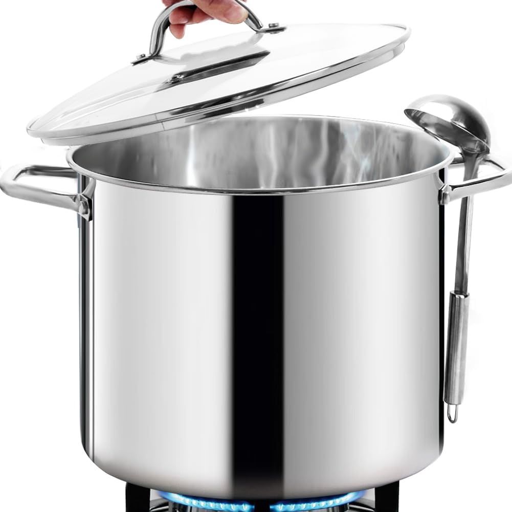 Commercial Grade LARGE STOCK POT 20 Quart With Lid - Nickel Free Stainless Steel Cookware - Healthy Polished Stockpots - Heavy Duty Induction Soup Pot