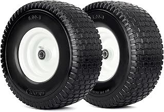 (2 Pack) 15 x 6.00-6 Front Tire and Wheel, Flat Free Lawn Mower Tires with Rim, 3&quot; Centered Hub with 3/4&quot; Bearings &amp; 5/8&quot; and 1&quot; bushings,