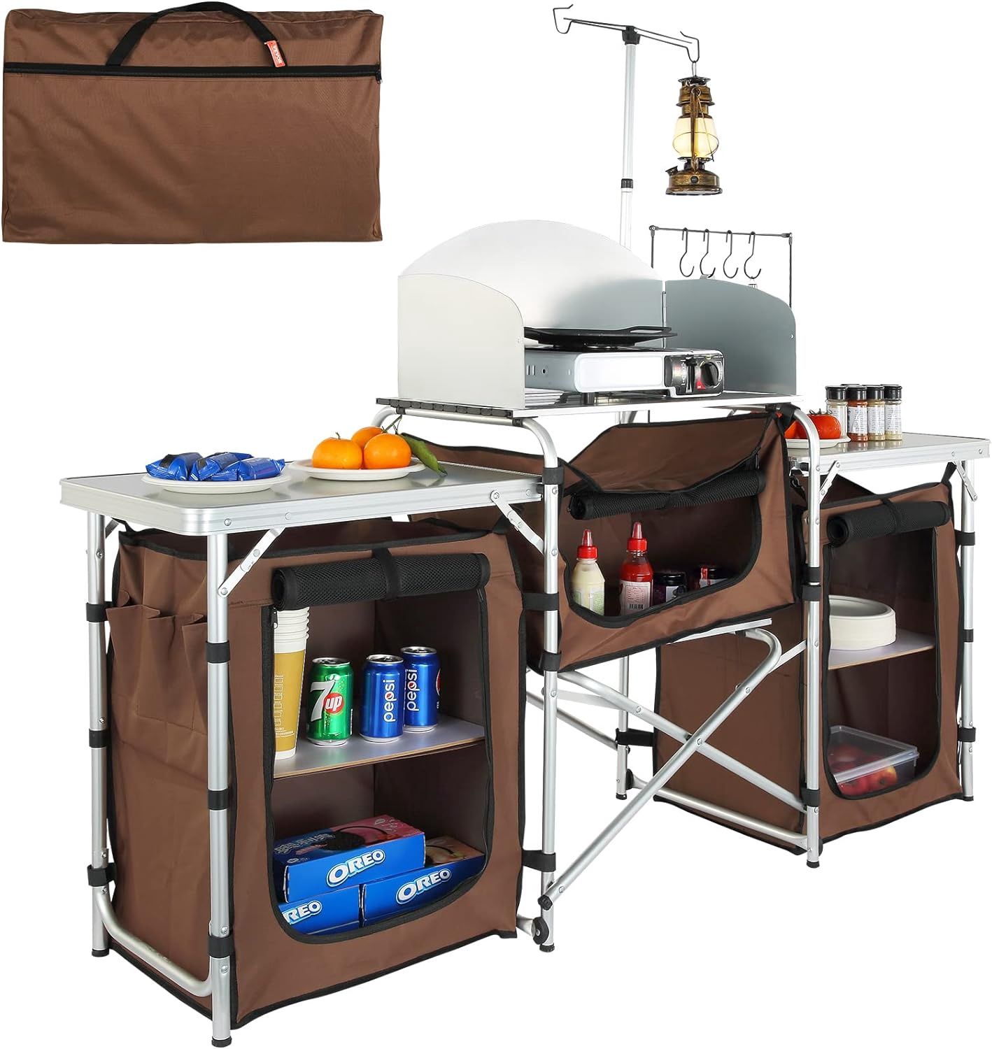VEVOR Camping Kitchen Table, Folding Outdoor Cooking Table with Storage Carrying Bag, Aluminum Cook Station 3 Cupboard &amp; Detachable Windscreen