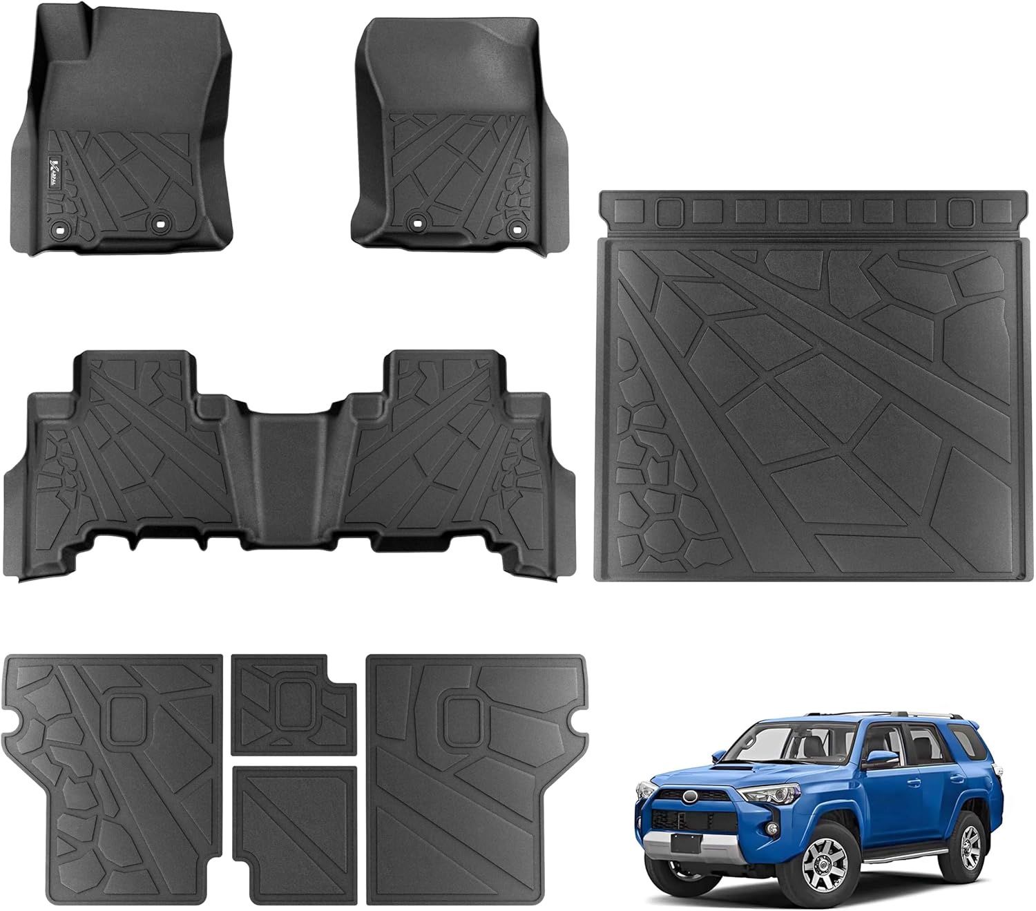 KARPAL Floor Mats &amp; Cargo Mats for 2013-2024 Toyota 4Runner (Only Fit 5-Seat Without Sliding Cargo Tray), All Weather TPE Floor Liners for 5th Gen 4Runner (Include TRD) - 8 PCS