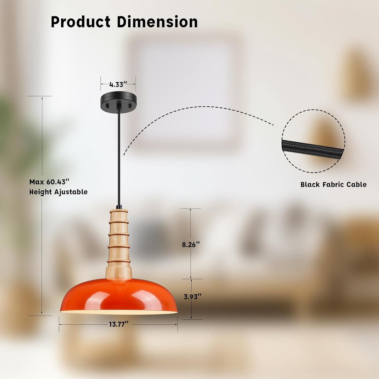 Solid Wood Pendant Lights Kitchen Islands,Morden Farmhouse Hanging Lights Fixture, Orange Red Metal with Natural Ash Wood,Exclusive Unique Design,Black Fabric Cable,ETL Listed